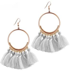 Gold and White Tassel Hoop Earrings